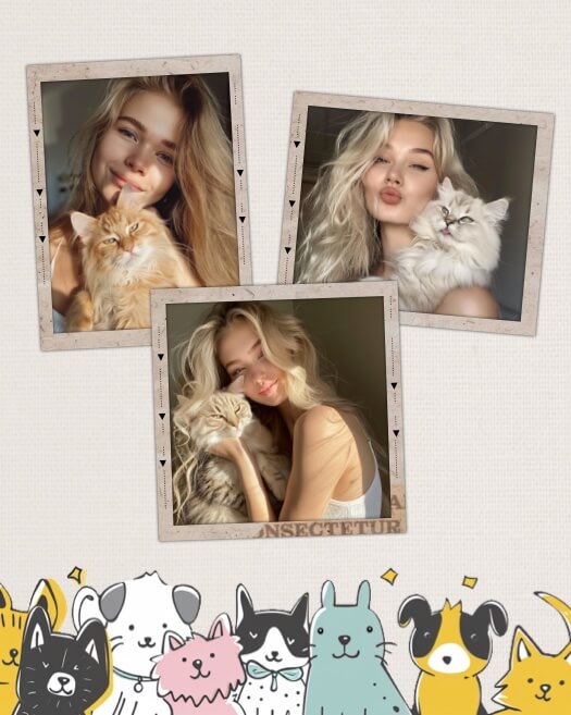 A photo collage template featuring three overlapping polaroid frames on a light beige textured background with colorful hand-drawn cat and dog illustrations at the bottom.