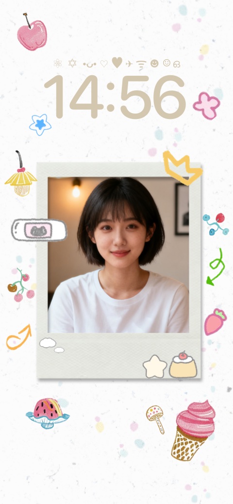 Plantilla de fondo de pantalla estático con un marco de foto Polaroid rodeado de dibujos a mano de colores como cerezas y estrellas.