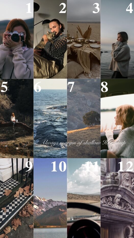 12-photo grid collage template with autumn lifestyle images, vintage numbers 1 to 12, and cursive text overlay.