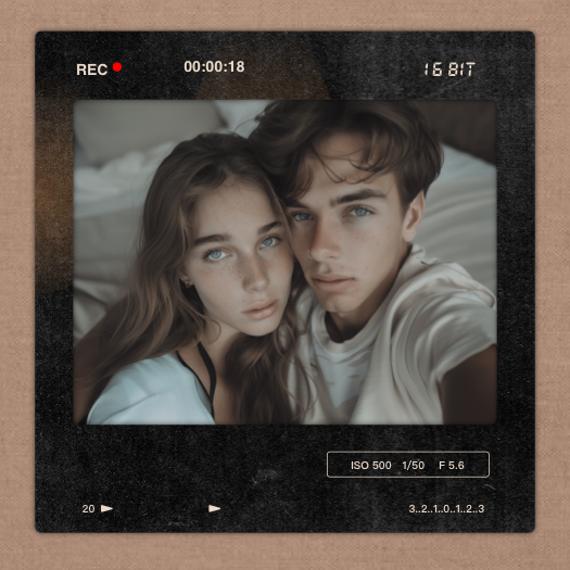 Ein Vintage-Videokamera-Sucherrahmen mit einem Foto eines Paares, technischen Kamera-Anzeigen und einem REC-Symbol.