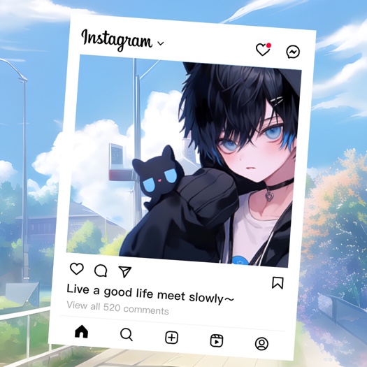 Modèle de collage photo avec une interface Instagram blanche. L'image centrale montre un garçon de style manga devant un paysage de parc ensoleillé.