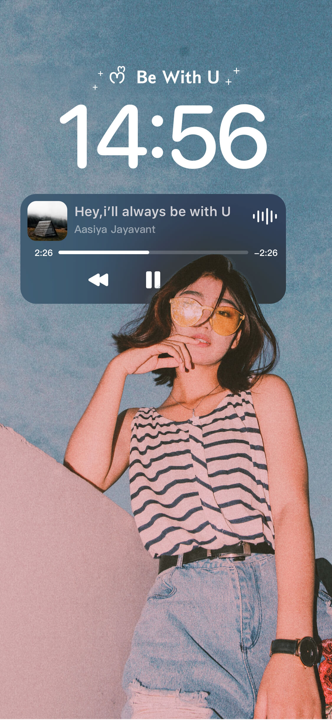 Aesthetic retro wallpaper template featuring a woman in yellow sunglasses with a customizable music player widget.