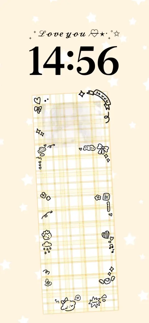 Modèle de fond d'écran animé avec motif à carreaux beige et gribouillages mignons incluant un cadre photo personnalisable.