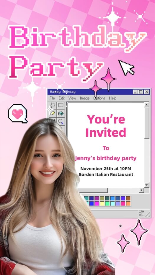 Pink Y2K retro birthday invitation template featuring pixel art, a computer window, and a portrait photo layout.
