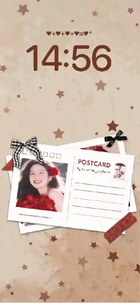 A vintage-style live wallpaper template featuring a customizable postcard frame with ribbons, stars, and a soft brown background.