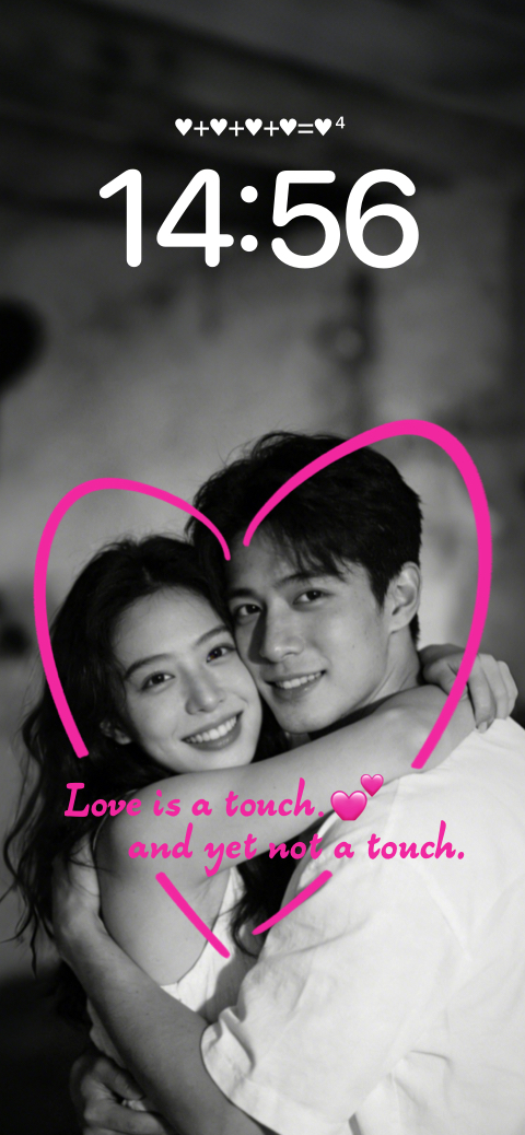 Schwarz-Weiß-Foto eines lächelnden Paares in einem handgezeichneten rosa Herz, anpassbare statische Wallpaper-Vorlage.