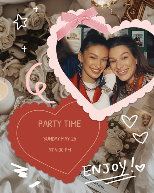 Eine Scrapbook-Collage mit einem großen rosa Herzrahmen, einem roten Einladungsherz, weißem Rosenhintergrund und einer rosa Schleife.