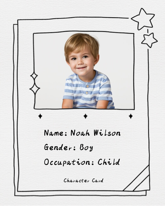 Modèle de carte de personnage au style croquis avec la photo d'un garçon, des étoiles dessinées à la main et des sections de texte pour le nom et l'occupation.