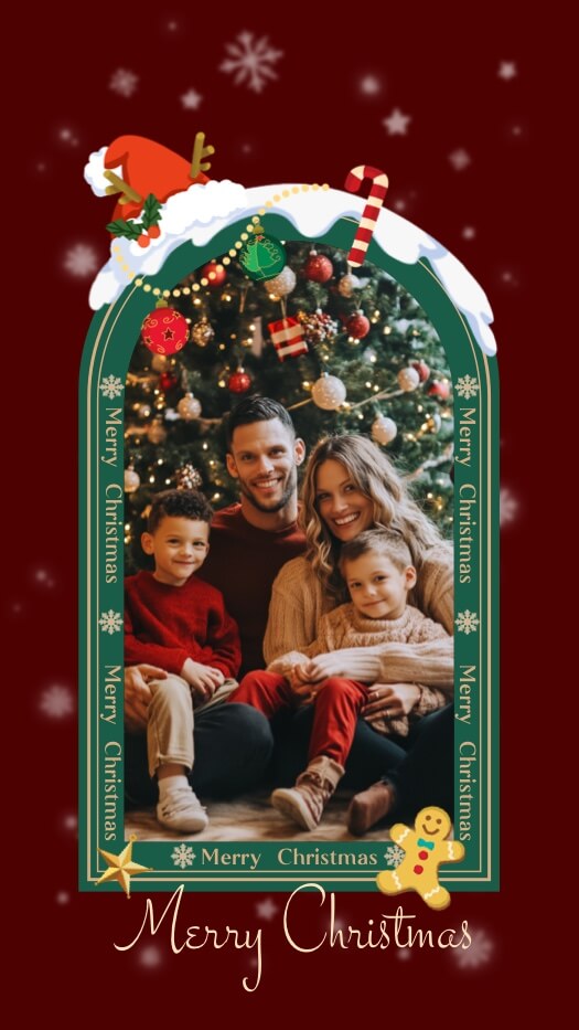 Plantilla de collage navideño con un marco de arco verde, fondo rojo, copos de nieve, gorro de Papá Noel y un hombre de jengibre.