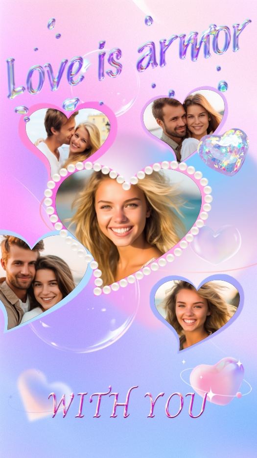 A romantic collage template with a pink and purple pastel gradient background. Five heart-shaped photo slots are arranged, with the central heart featuring a white pearl border. The text 'Love is armor' and 'WITH YOU' appears in a 3D jelly effect, decorated with bubbles and sparkles.