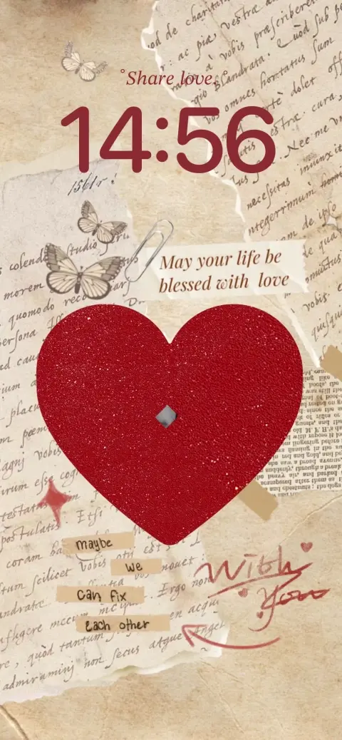 A vintage scrapbook style customizable live wallpaper template featuring a red glitter heart, paper textures, butterflies, and space for photos and widgets.