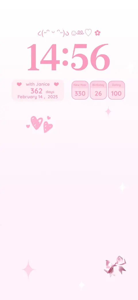 Eine rosa ästhetische Live-Wallpaper-Vorlage mit anpassbaren Widgets, Herzen und einer Schleife.