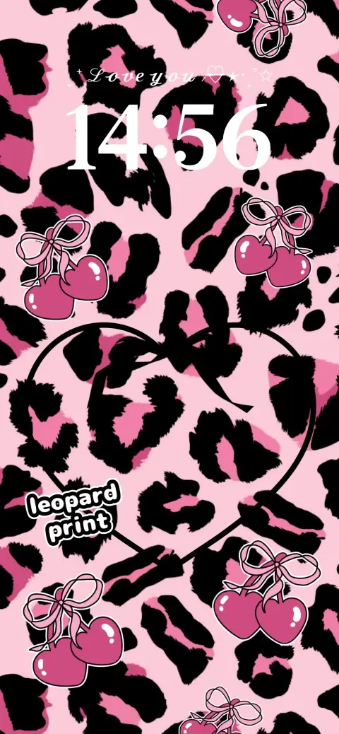 Arrière-plan léopard rose avec des cerises cœur et un cadre photo personnalisable pour écran de verrouillage.