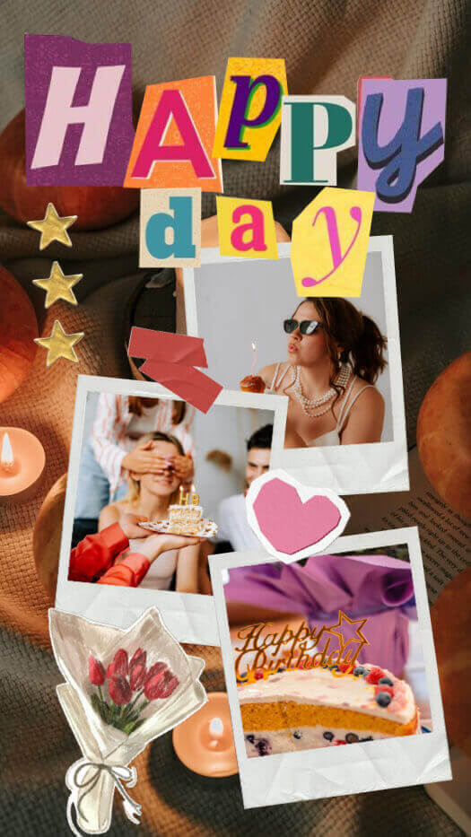 Eine bunte Geburtstags-Scrapbook-Collage mit 'HAPPY day' Ausschnitt-Text, goldenen Sternen, Herz-Stickern und drei Polaroid-Fotorahmen.