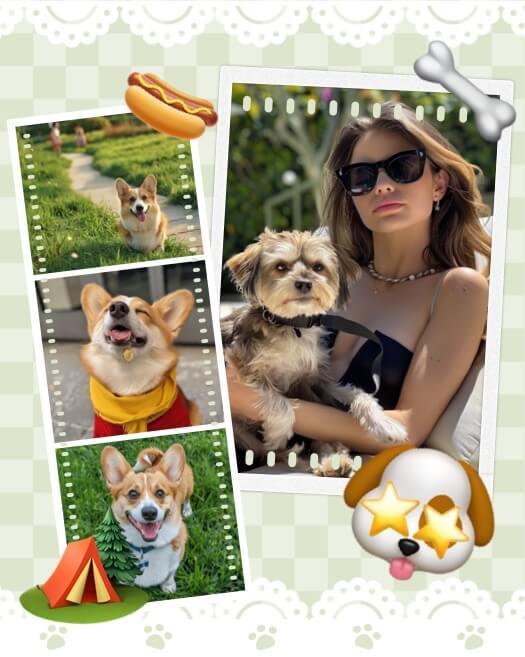 Collage de cuadros verdes con marcos de tira de película, stickers de perros, un hueso y una carpa de camping.