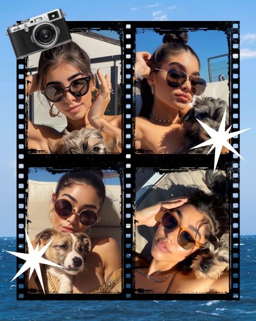 A 4-photo film strip collage template featuring a woman with a dog, a vintage camera icon, and white sparkles on a sea background.
