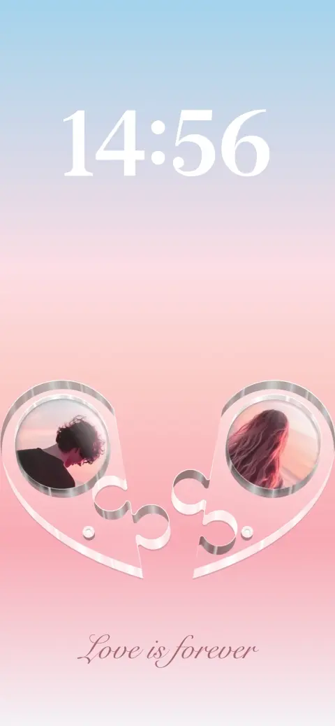 A pink and blue gradient wallpaper template with two circular photo frames in a puzzle heart shape for couple photos.