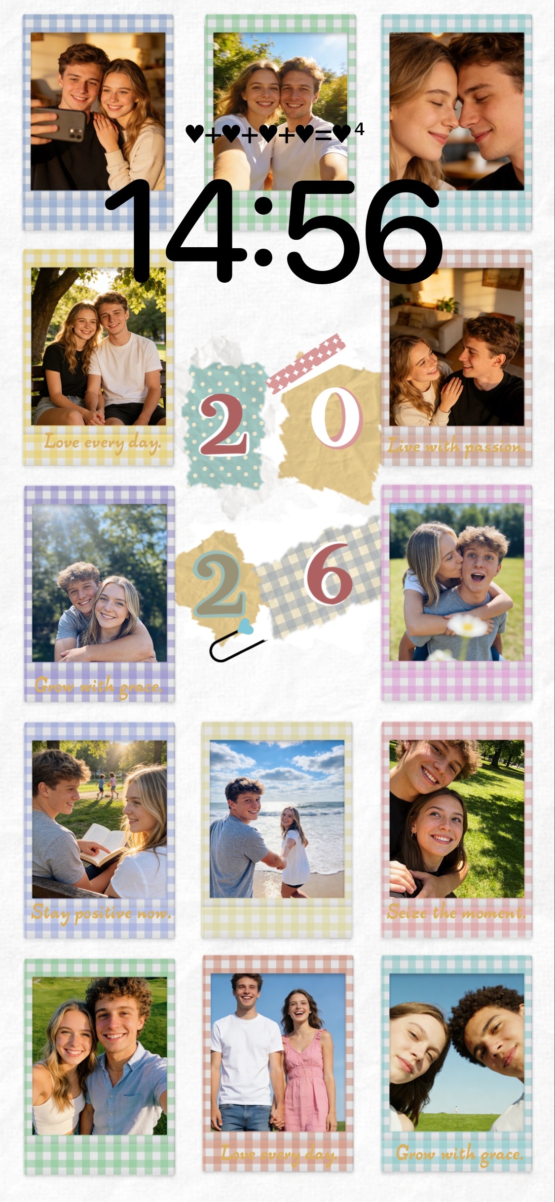 12枚の写真を入れられるパステルカラーのギンガムチェック柄ポラロイド風DIY壁紙テンプレート。