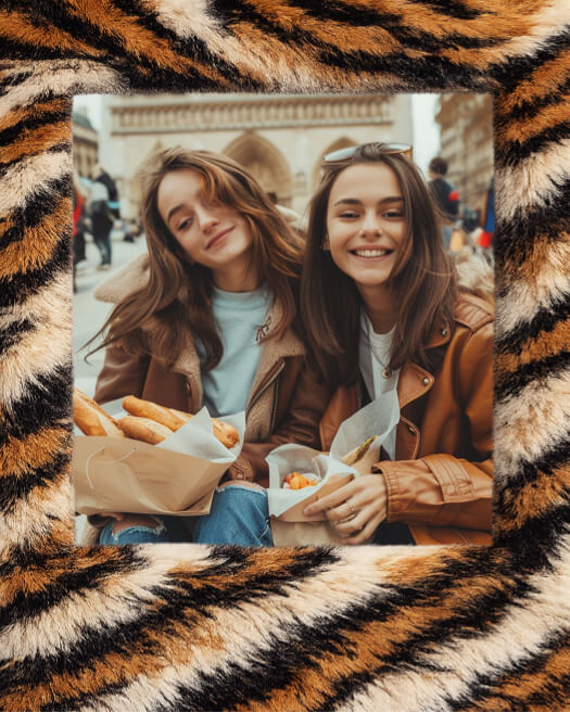 Two women in winter coats holding baguettes inside a thick tiger-patterned faux fur photo frame template.