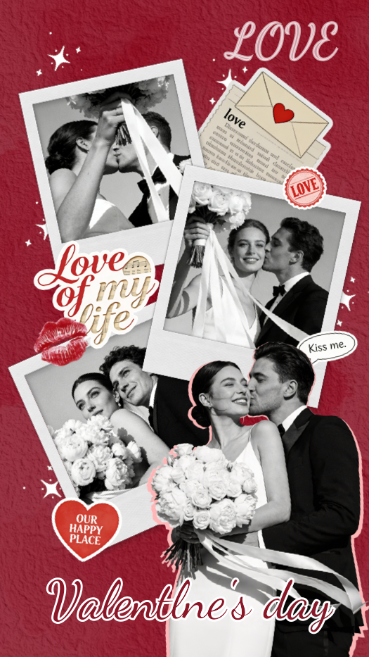 Collage de San Valentín sobre fondo rojo con marcos de fotos polaroid, stickers de corazones, una carta de amor y la frase 'Love of my life'.