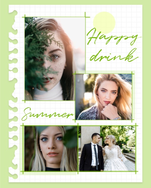 薄緑色の格子状ノートとスパイラル綴じを再現した4枚用写真コラージュ。'Summer'と'Happy drink'の緑色の文字と黄色い丸の装飾があります。
