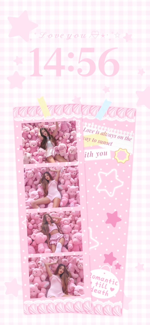 Pink coquette aesthetic wallpaper template featuring a photostrip collage with teddy bears and star decorations.