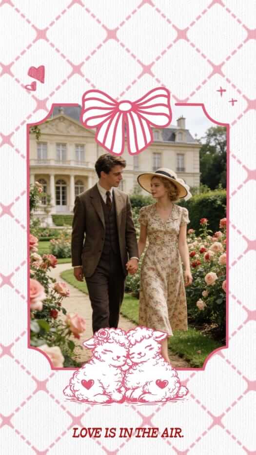 Einzelfoto-Collage-Vorlage mit rosa Schleife, niedlichen Schafen und Text 'Love is in the Air' auf rosa Rautenmuster.