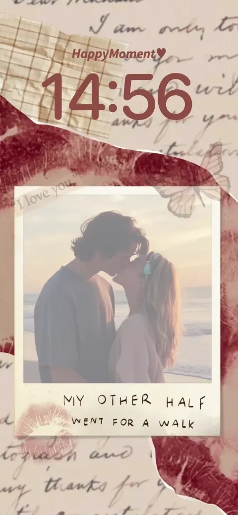 Aesthetic vintage scrapbook live wallpaper template featuring a couple kissing in a Polaroid frame with kiss marks.
