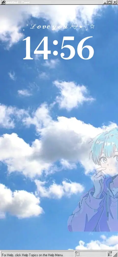 Aesthetic blue sky anime boy live wallpaper template with retro MS Paint window frames and fluffy clouds.