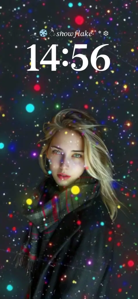 Winter girl in a scarf surrounded by colorful bokeh light particles on a mobile live wallpaper template.