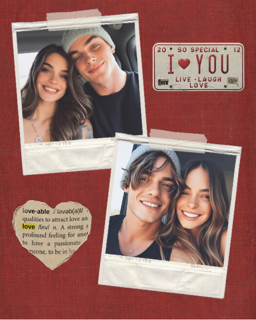 Collage de fotos romántico con fondo de tela roja, dos fotos Polaroid de una pareja, un corazón de papel con la definición de amor y una pegatina de matrícula antigua que dice I Love You.