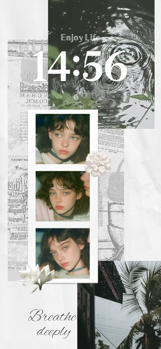 A customizable static wallpaper template with a vintage scrapbook collage style, featuring three photo film slots, rain-themed imagery, and paper textures.