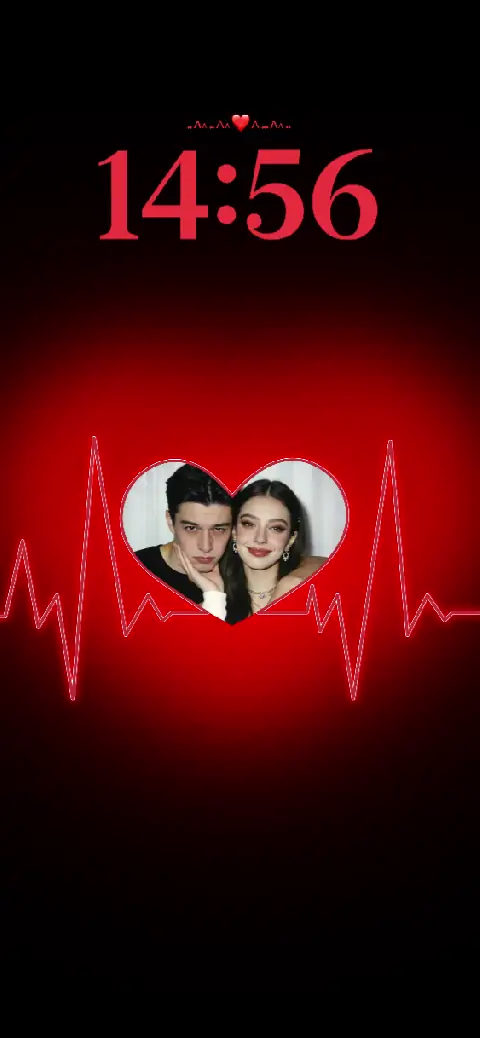 Neon red heartbeat live wallpaper with customizable heart-shaped couple photo frame and digital clock.