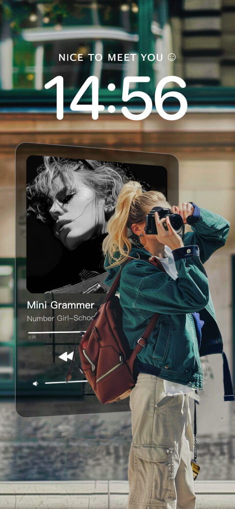 DIY mobile wallpaper template with a woman holding a camera and a custom music player widget overlay.