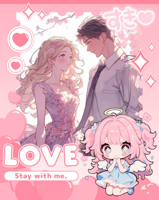 Pink kawaii anime collage template with a romantic couple, chibi angel, hearts, and Stay with me text.