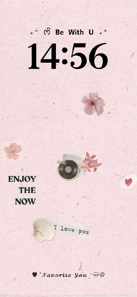 Plantilla de fondo de pantalla personalizable con textura de papel rosa, flores, disco de vinilo y campos de texto editables para DIY.