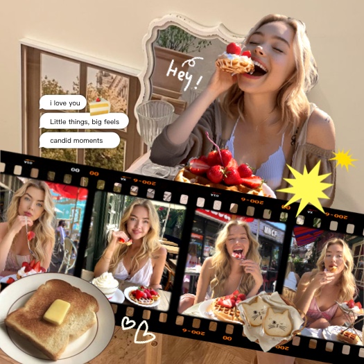 A Y2K aesthetic collage featuring a film strip, cafe food stickers, iMessage bubbles, and photos of a woman eating waffles.