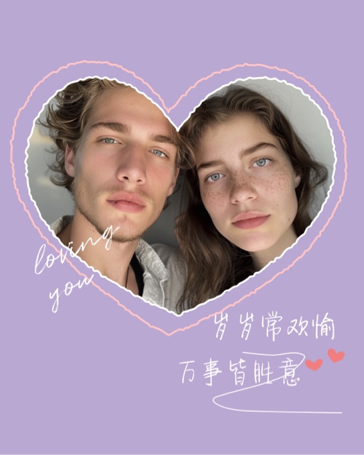 Couple framed in a heart shape on a purple background with romantic handwritten text and small red hearts.