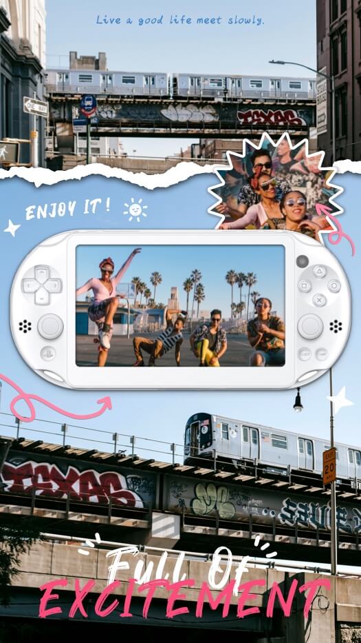 Eine vertikale Fotocollage mit urbanem Straßenhintergrund, einem weißen Handheld-Konsolenrahmen, blauem Riss-Papier-Effekt und pinkem 'Full of Excitement' Text.