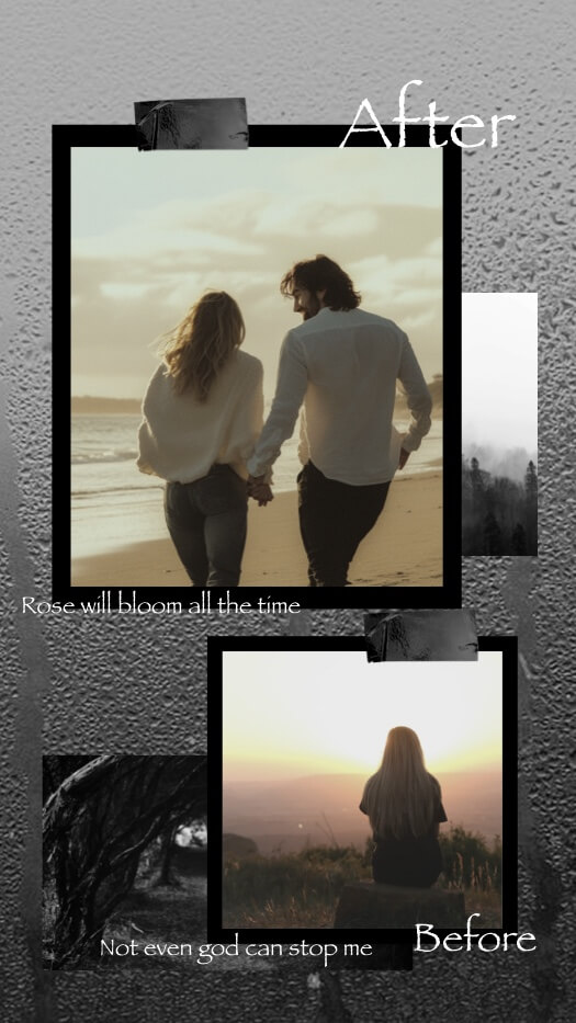 A vertical collage with two main Polaroid-style photos featuring a couple, accented by black tape, rain-textured grey background, and text reading 'Before' and 'After'.