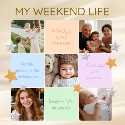 3x3 grid photo collage template featuring family photos, baby portraits, pastel text blocks, and decorative stars.