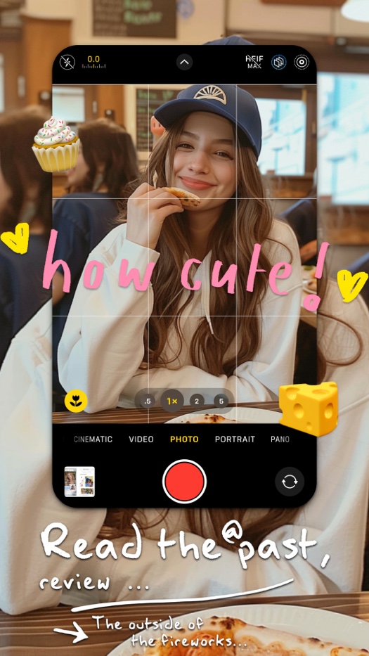 Vertical camera viewfinder interface template with a girl in a blue hat eating, 3D cupcake and cheese stickers, and pink 'how cute!' handwritten text.