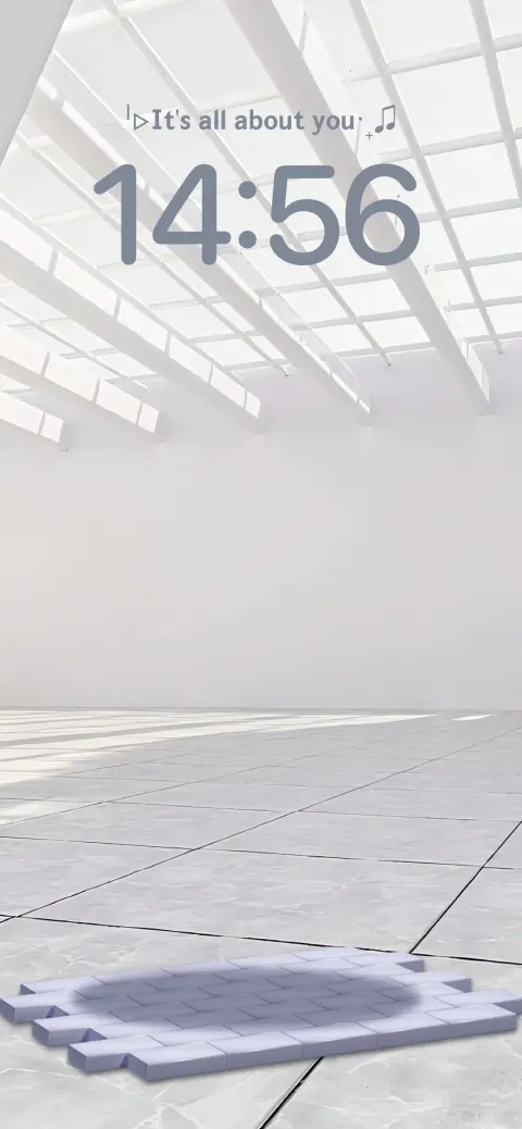 Studio architectural blanc avec une plateforme violette et des zones de texte personnalisables pour un fond d'écran DIY.