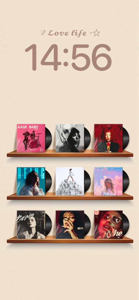 Aesthetic mobile wallpaper template featuring a wooden shelf with customizable vinyl record album covers and a clock.