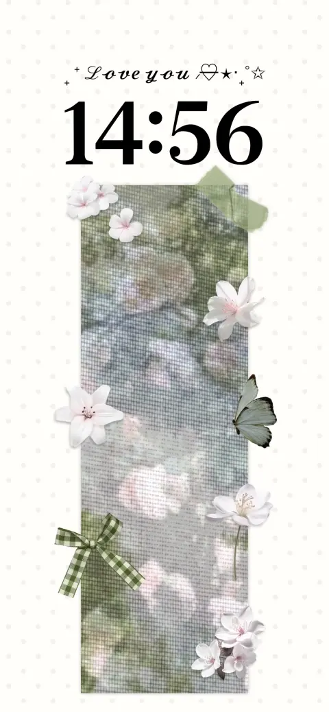 Anpassbare Live-Wallpaper-Vorlage mit weißen Blüten, grüner Schleife und Fotorahmen auf gepunktetem Hintergrund.