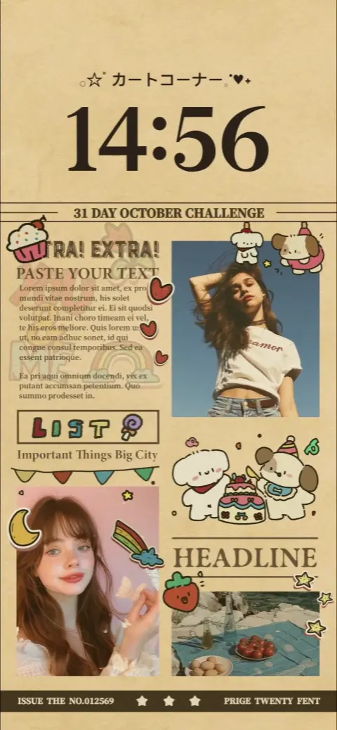 Modèle de fond d'écran personnalisable style journal avec cadres photo.