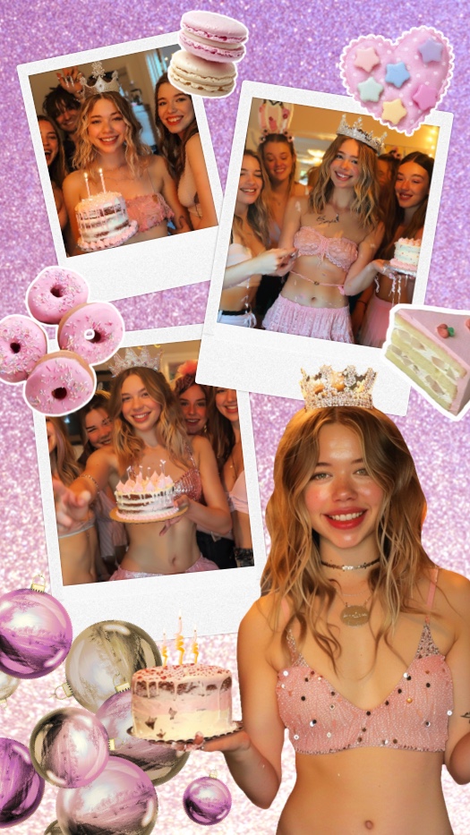 Un collage de fotos de cumpleaños con purpurina morada, marcos de fotos estilo Polaroid, donuts rosas, macarons y una chica con corona sosteniendo un pastel.