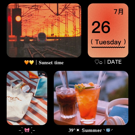 Retro 3-photo collage with sunset train, summer drinks, and tote bag in a warm vintage film aesthetic on black background.