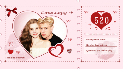 Aesthetic pink romantic scrapbook collage template featuring a couple inside a heart frame with red bows and kiss marks.