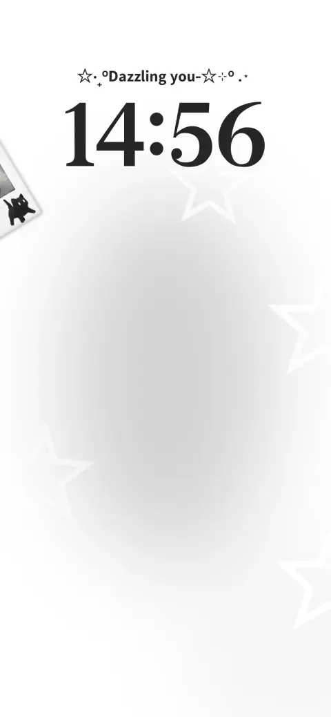 Minimalist white wallpaper template with floating stars, a black cat sticker, and the text Dazzling You.